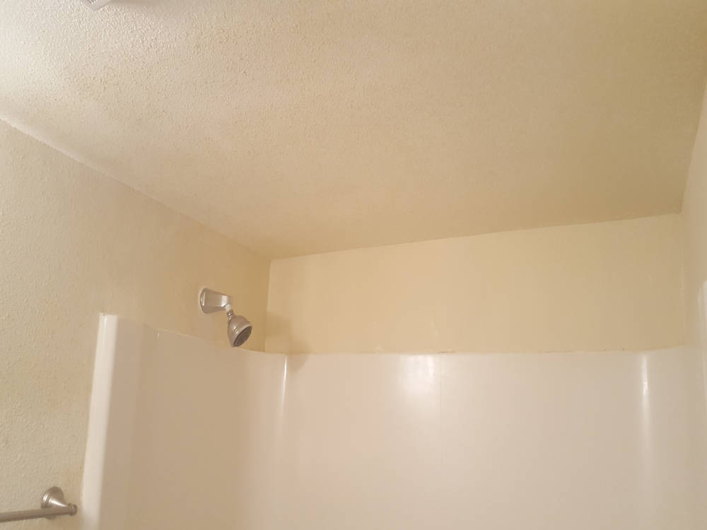 showing a bathroom ceiling where drywall repair, primer and paint was done.